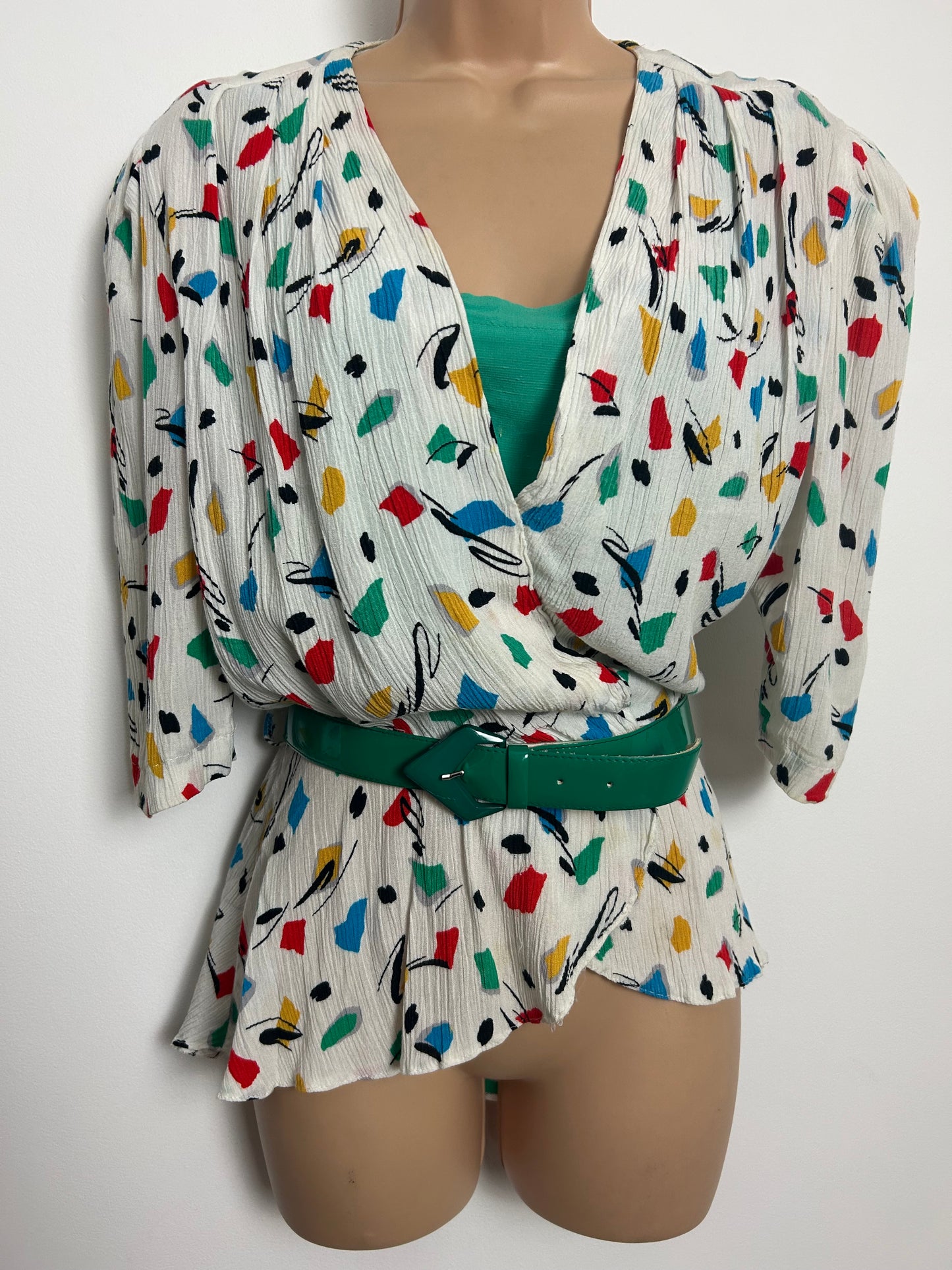 Vintage 1980s Size 12-14 White Red Green Yellow & Blue Abstract Belted Peplum Top