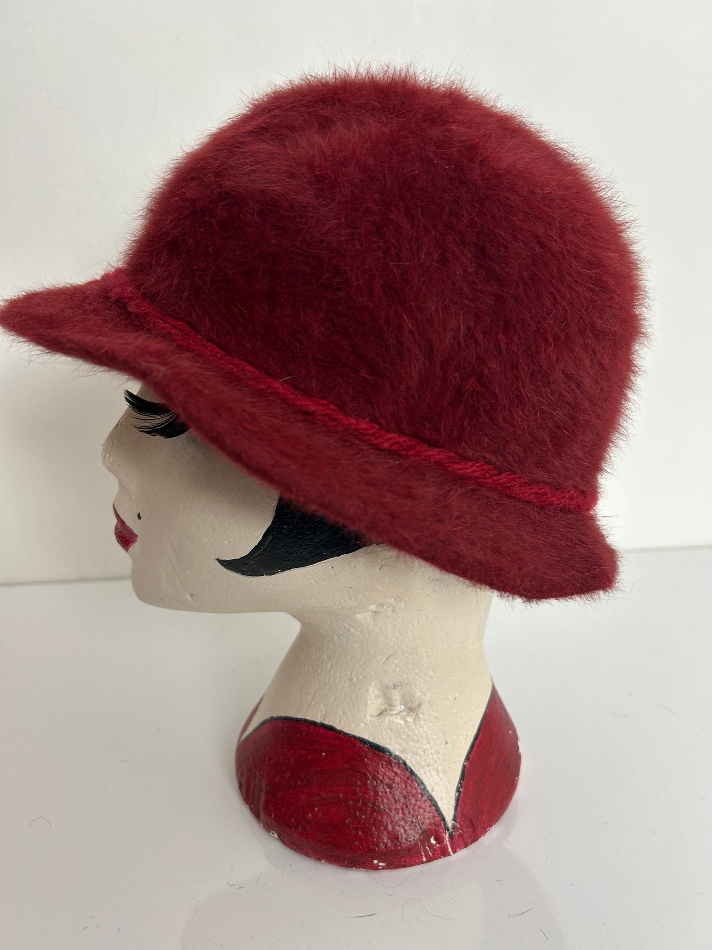 Vintage Austrian CHRISTA LEHNERT Dark Red Angora Wool Rope Trim Trilby Style Hat