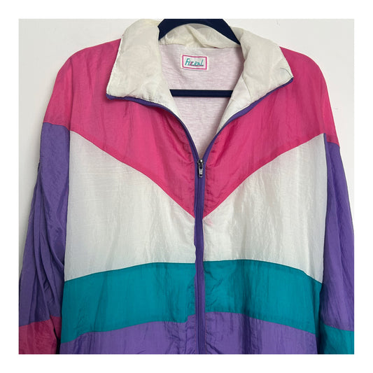 Vintage 1980s FIZZICAL Upto Size 14 Pink White Teal & Purple Shell Suit Jacket