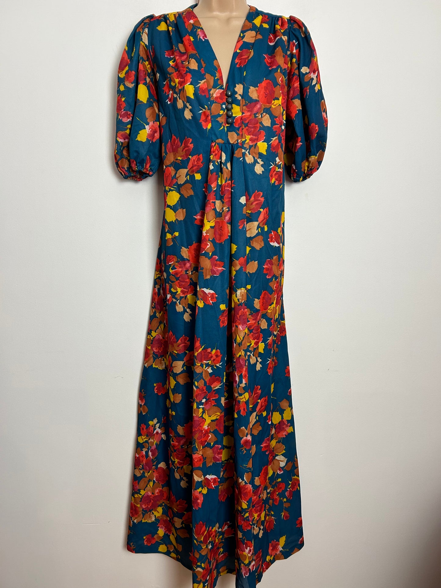 Vintage 1970s UK Size 12 Teal Red Mustard & Brown Floral Print Mid Sleeve Smock Style Boho Maxi Dress