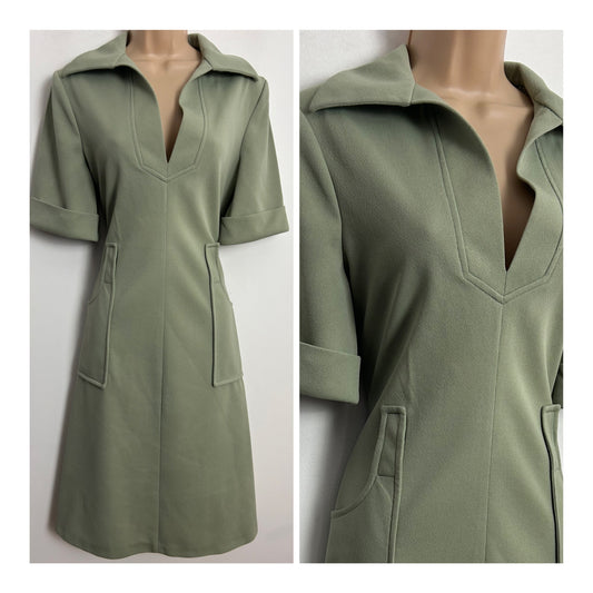 Vintage 1970s UK Size 10 Sage Green Short Sleeve Pocket Detail Mod Dress