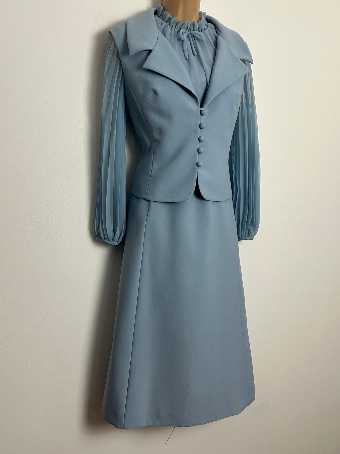 Vintage 1960s PEGGY FRENCH COUTURE UK Size 10 Powder Blue Long Pleated Sleeve Belted Dress With Matching Sleeveless Jacket