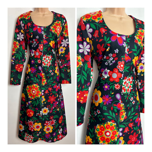 Vintage 1970s UK size 14 Black Vibrant Red Orange Purple Green Mix Floral Print Long Sleeve Mid Length Dress