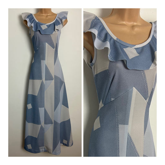 Vintage 1970s Size 8 Pale Blue Tones Patchwork & Stitch Print Ruffle Trim Sleeveless Maxi Dress