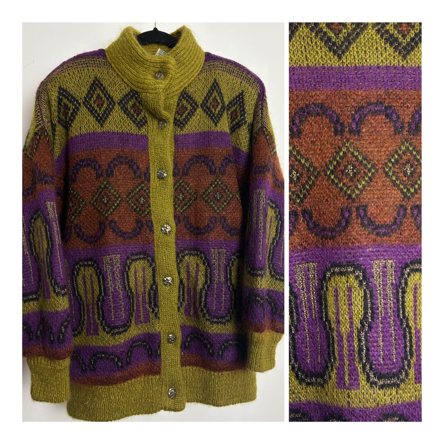 Vintage 1980s SIGNE INCOGNITO Up To Size 16 Oversized Wool & Mohair Mix Olive Green Purple & Rust Abstract Coatigan Cardigan