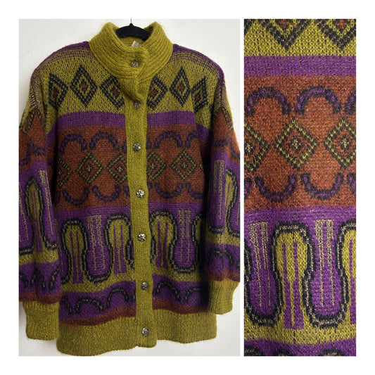 Vintage 1980s SIGNE INCOGNITO Up To Size 16 Oversized Wool & Mohair Mix Olive Green Purple & Rust Abstract Coatigan Cardigan
