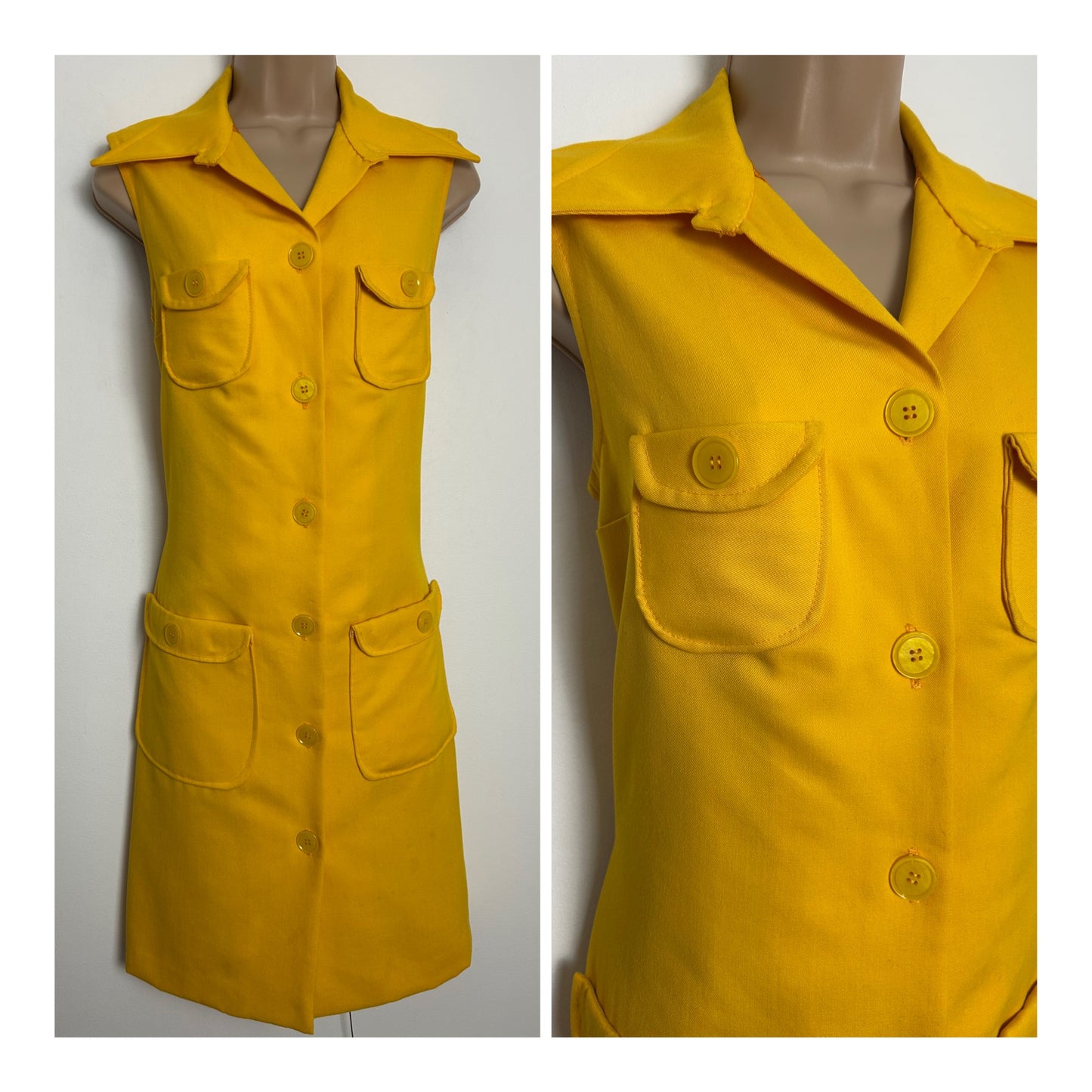 Vintage 1970s Size 8-10 Mustard Yellow Dagger Collar Sleeveless Pocket Detail Mod Shift Dress