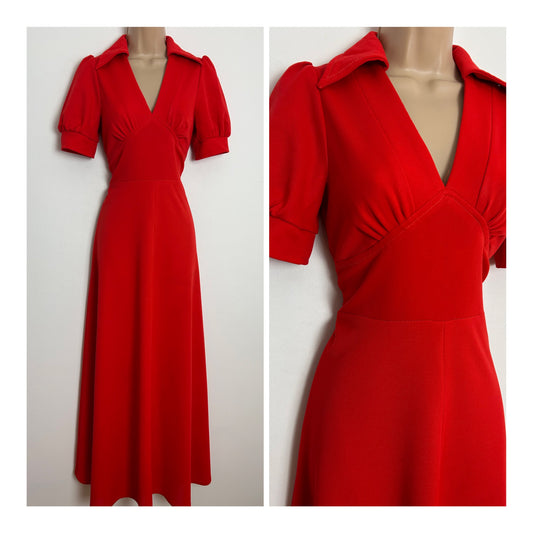 Vintage 1970s Size 8-10 Classic Red Short Sleeve Maxi Dress