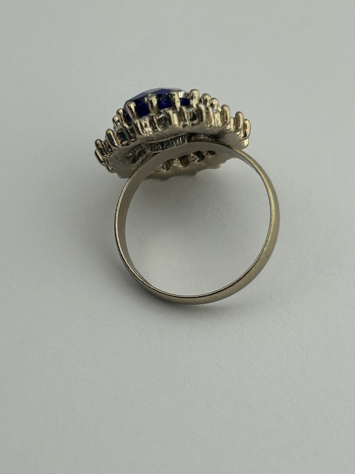 Vintage Blue Glass & Diamante Rhinestone Set Cocktail Ring Size P
