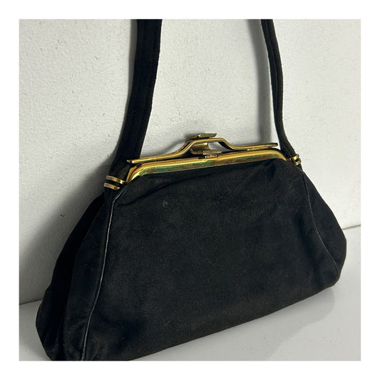 Vintage 1940s Black Suede & Gold Tone Frame Mini Handbag