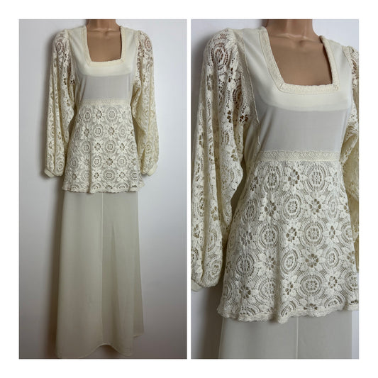 Vintage 1970s FREEMANS OF LONDON Size 10 Cream Lace Sleeve Layered Boho Maxi Dress