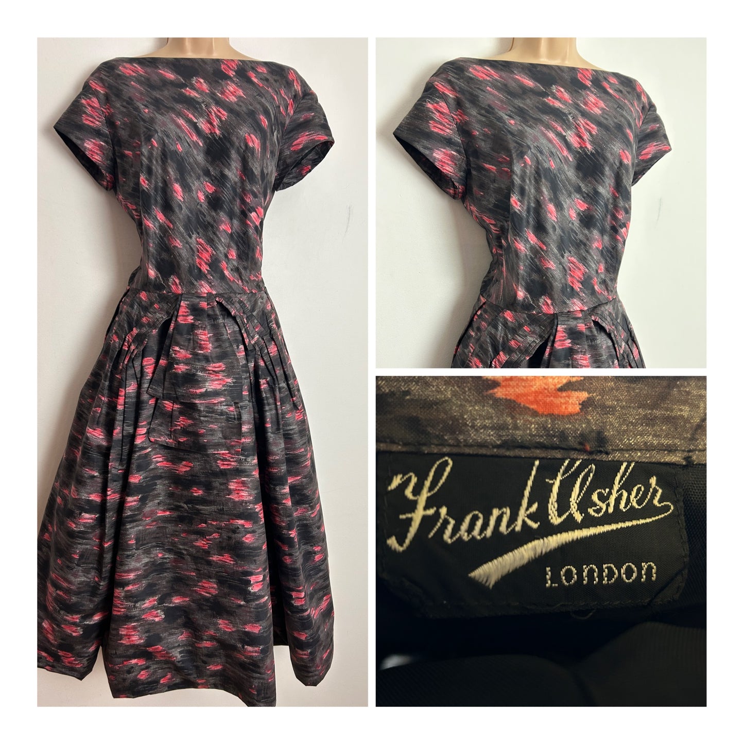 Vintage 1950s FRANK USHER UK Size 10 Grey & Pink Abstract Pattern Polished Cotton Rockabilly Prom Dress