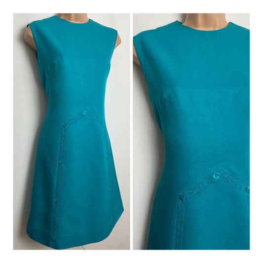 Vintage 1960s PEGGY FRENCH COUTURE Size 8 Dark Turquoise Embroidered Stitch Detail Mod Shift Dress