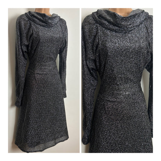 Vintage 1970s Size 8-10 Black & Silver Lurex Cowl Neck Long Sleeve Tie Back Xmas Party Dress