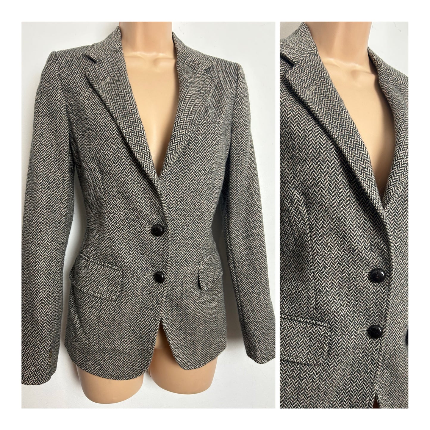 Vintage 1980s HASPEL Size 8 Traditional Wool Teed Herringbone Fully Lined Blazer