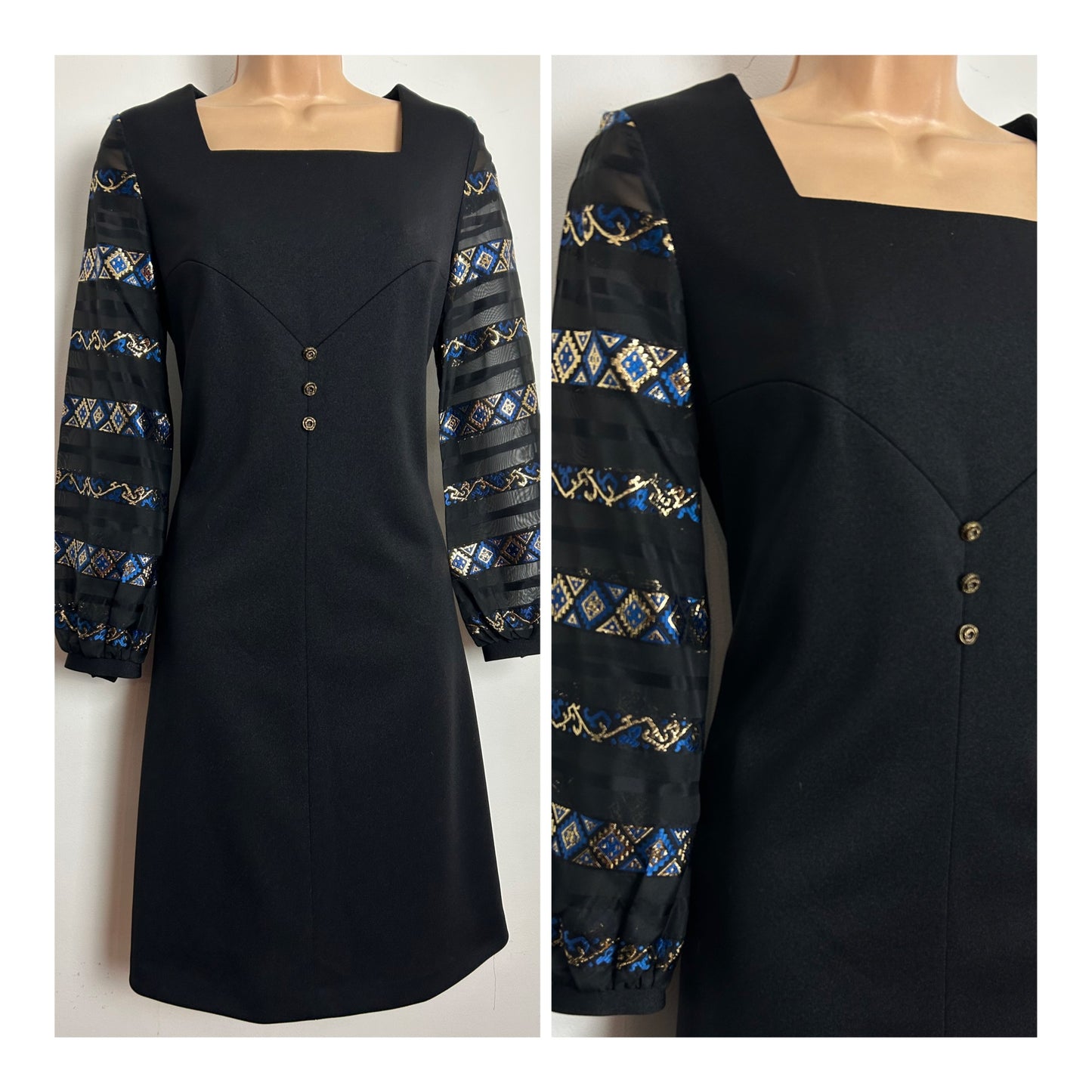 Vintage 1960s Size 10 Black Blue & Gold Pattern Long Sleeve Xmas Party Evening Mod Shift Dress