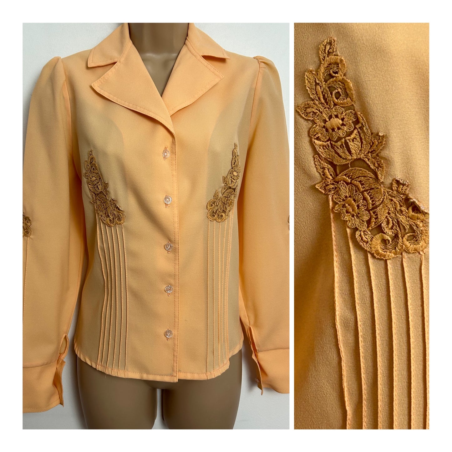 Vintage 1970s UK Size 12-14 Peach Pintuck & Lace Applique Detail Long Sleeve Fitted Shirt