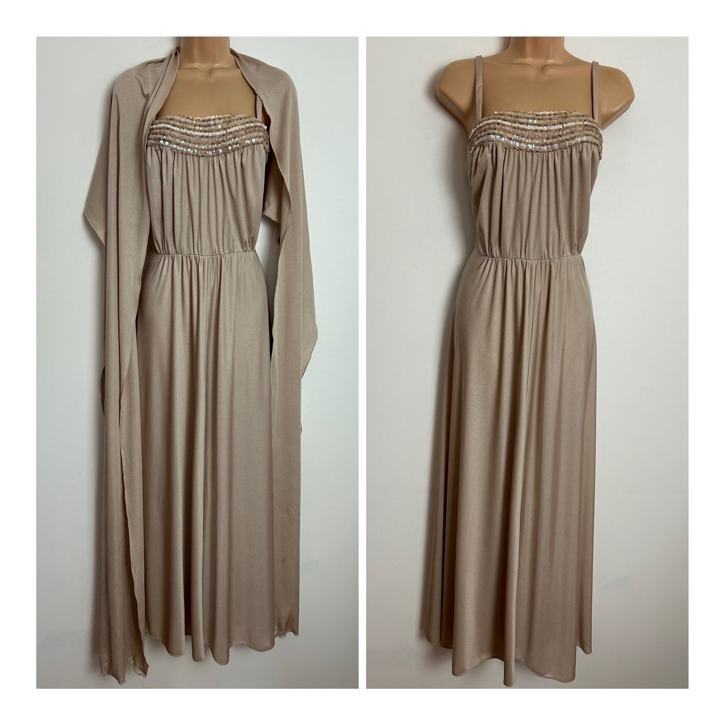 Vintage 1970s CARNEGIE OF LONDON UK Size 8 Nude Beige Sequin & Bead Detail Occasion Maxi Dress With Shawl