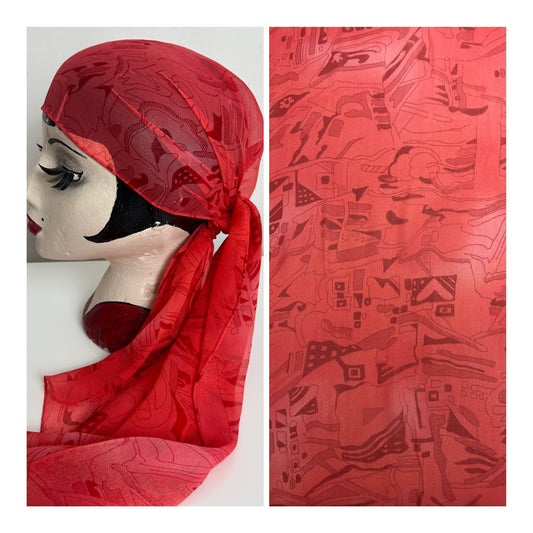 Vintage Dark Orange & Red Abstract Print Long Chiffon Scarf 140cm x 38cm