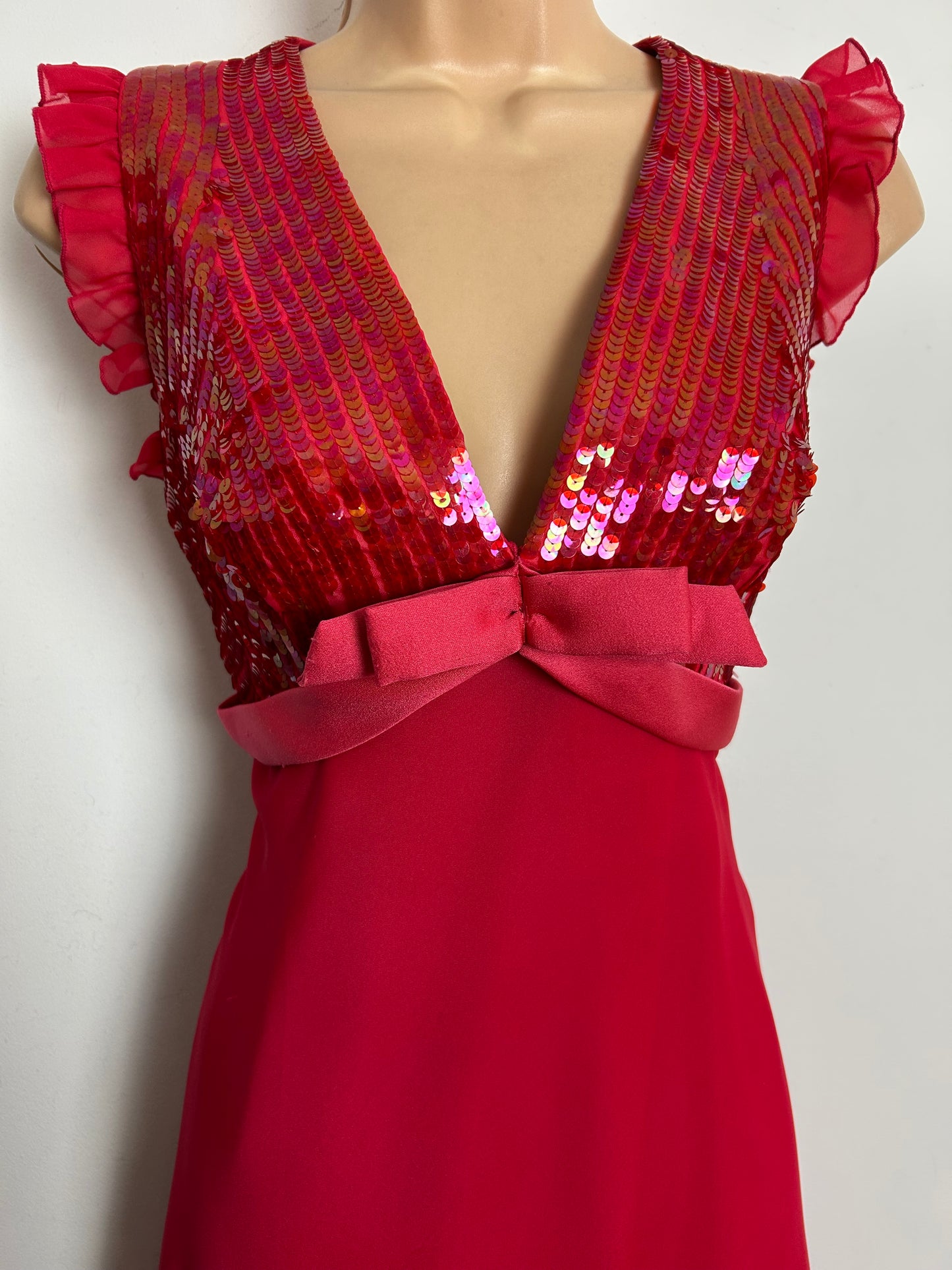 Vintage 1970s RADTKE & RADTKE Size 8 Raspberry Sequin Bodice Bow Detail Xmas Party Occasion Maxi Dress
