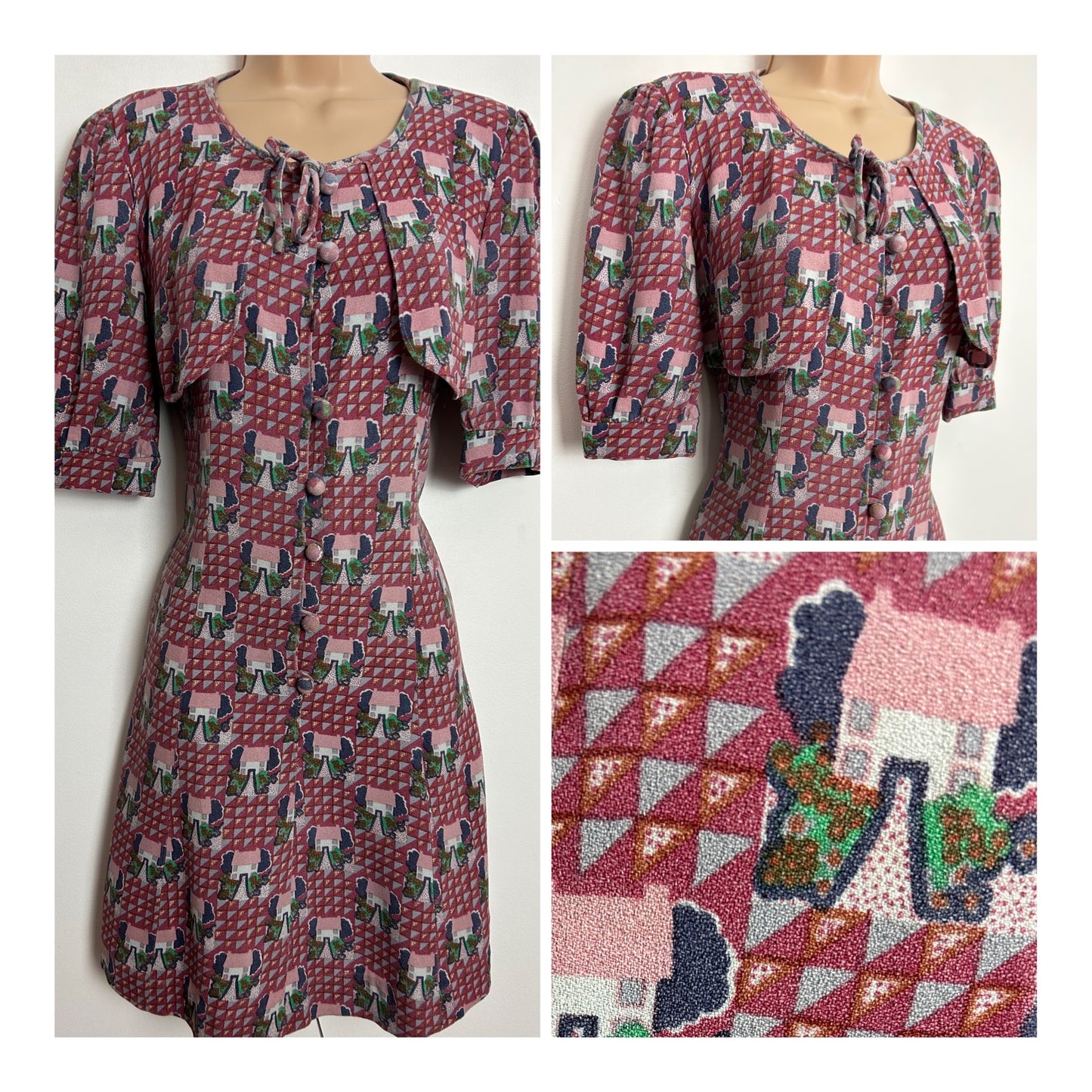 Vintage Late 1960s UK Size 8-10 Cute Dusky Pink Country Cottage Novelty Print Mock 2 Piece Mod Dolly Dress