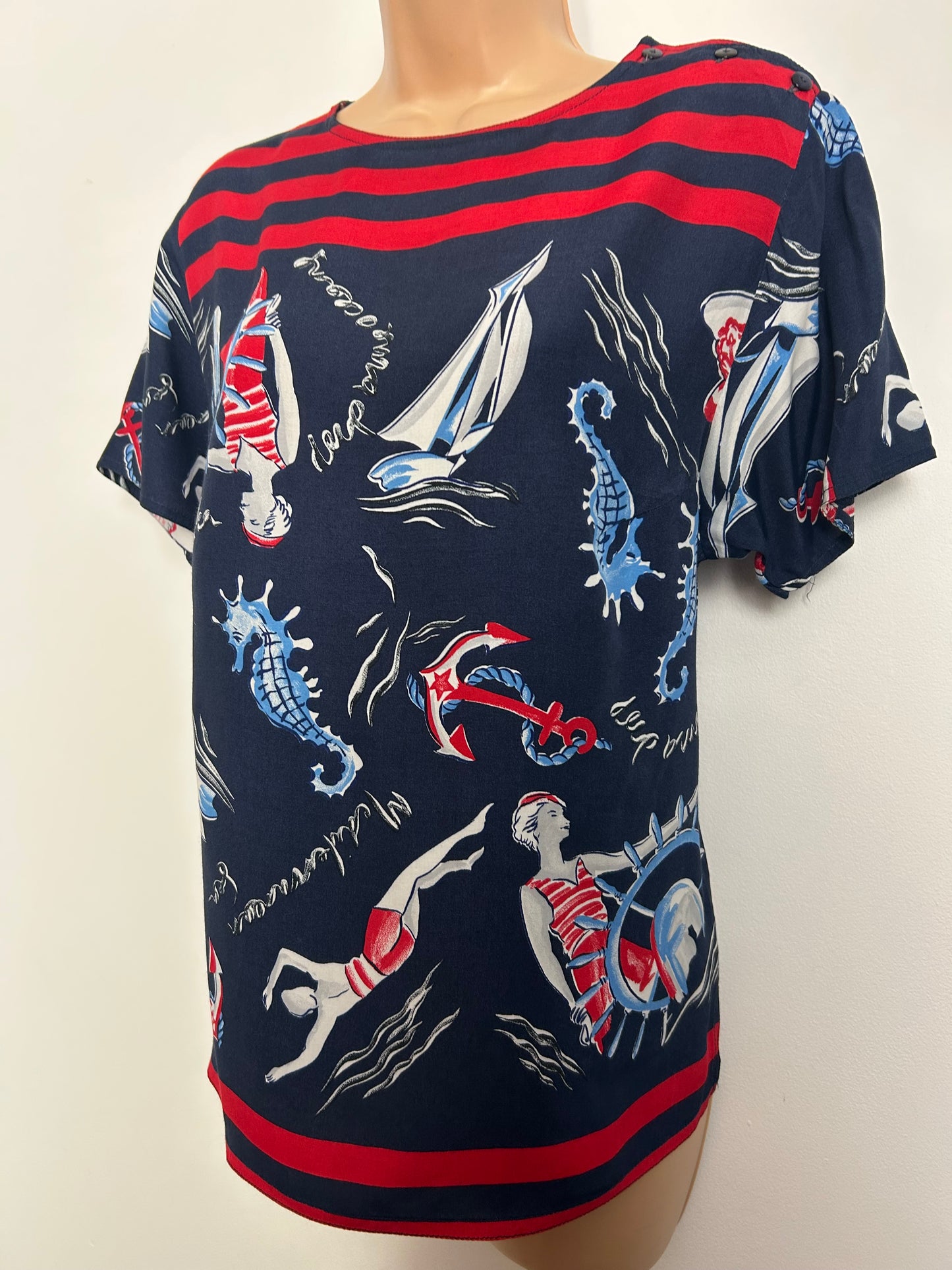 Vintage Y2K Size 12 Navy Blue White & Red Nautical Pin Up Girls Short Sleeve Top