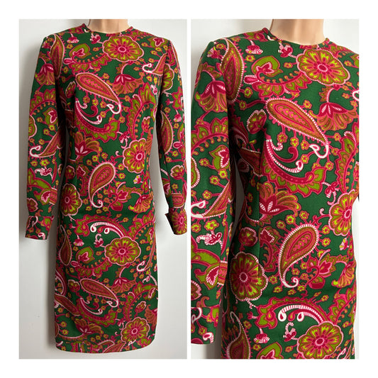 Vintage 1960s Size 12 Green & Pink Floral & Paisley Long Sleeve Mod Shift Dress