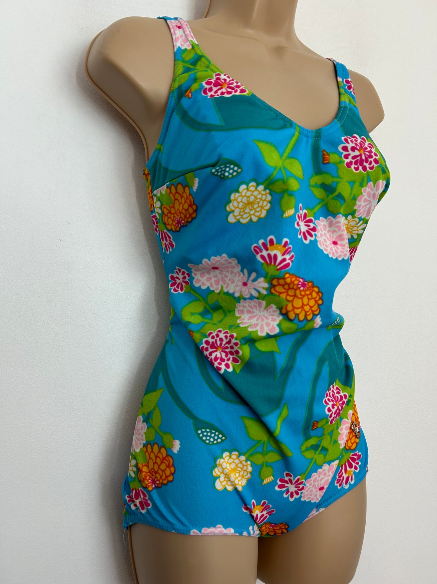 Vintage 1970s OLUBA UK Size 14 Blue Pink & Orange Floral Print Swimsuit Bathing Costume