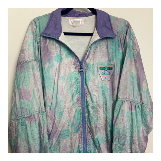 Vintage 1980s MAIL SPORTWEAR Up to Size 14 Lilac & Mint Green Abstract Print Shell Suit Jacket