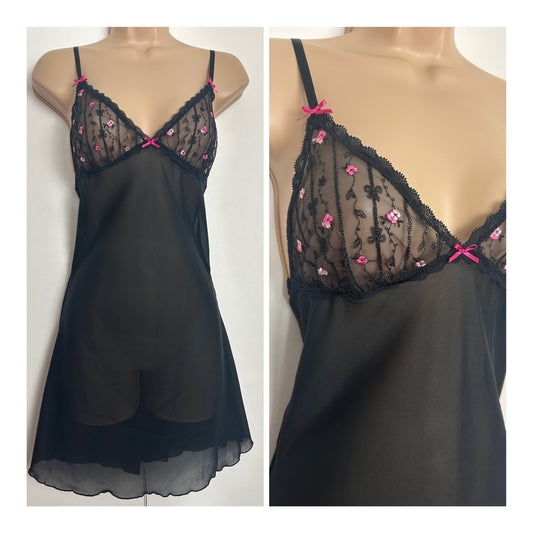 Modern PASSIONATA LINGERIE Size 8 Black Lace & Pink Embroidered Detail Lingerie Slip