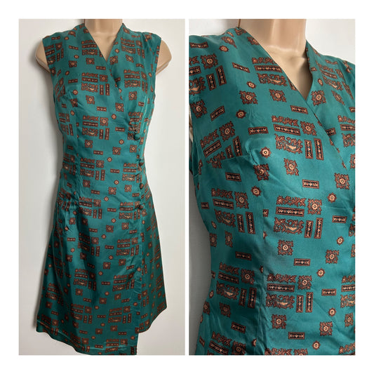 Vintage 1960s UK Size 10-12 Teal & Brown Abstract Print Silky Feel Full Wrap Dress