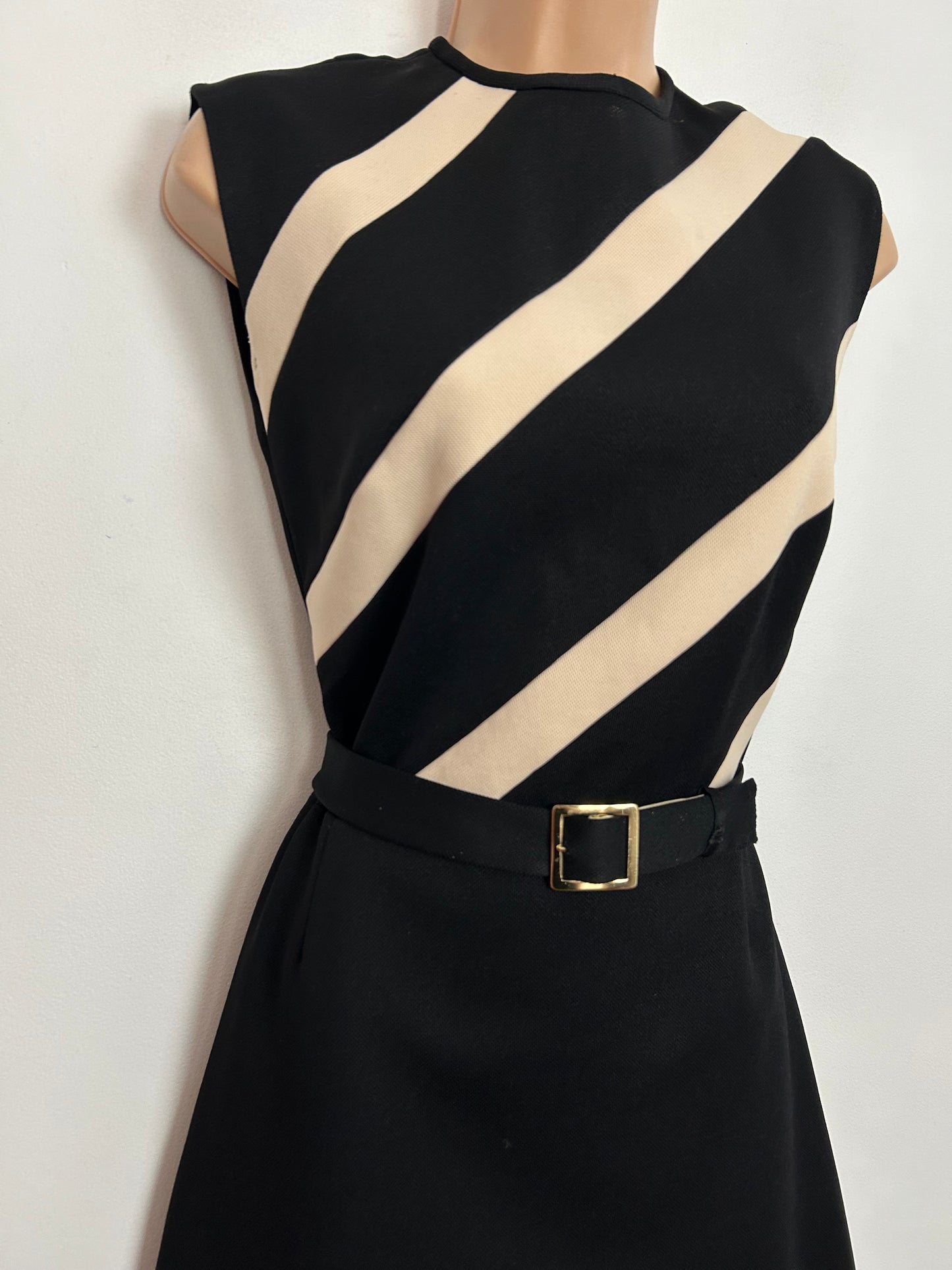 Vintage 1960s UK Size 8 Black & Cream Diagonal Panel Bodice Belted Mod Dress