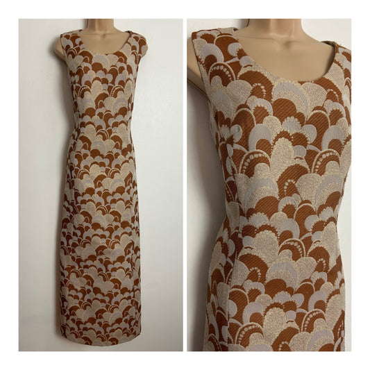 Vintage 1960s UK Size 14 Tan Brown Winter White & Gold Lurex Abstract Floral Print Occasion Column Maxi Dress