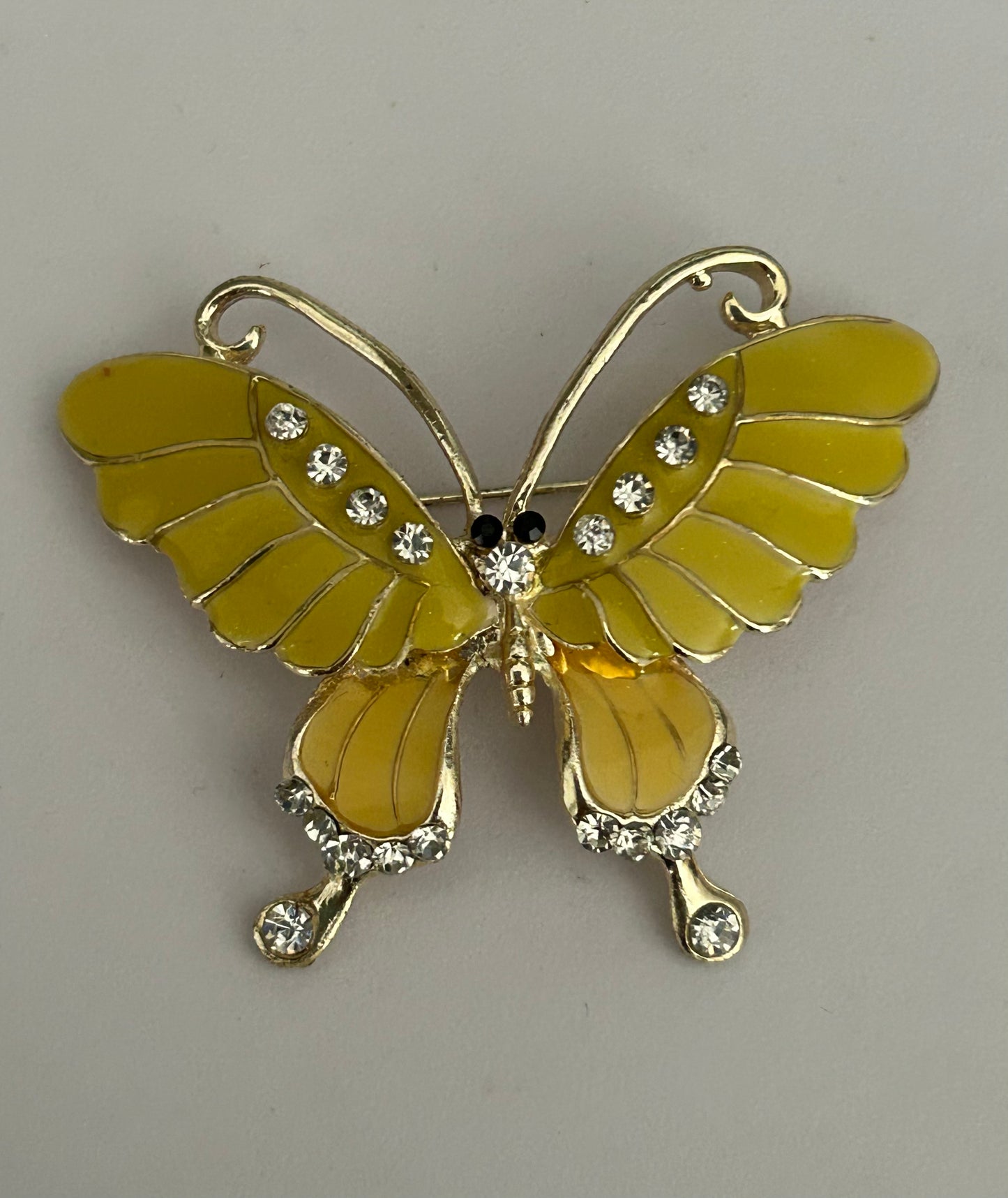 Vintage Pretty Gold Tone & Yellow Enamel Diamante Set Butterfly Pin Brooch