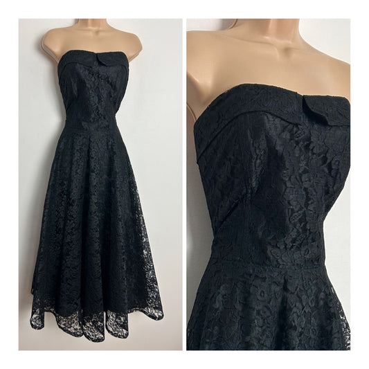 Vintage 1980s UK Size 12 Gorgeous Strapless Black Lace Boned Party Prom Occasion Evening Dress/Gown