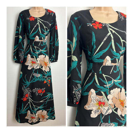 Vintage 1970s Size 10 Black Beige Teal & Orange Floral Print Chiffon Long Sleeve Maxi Dress