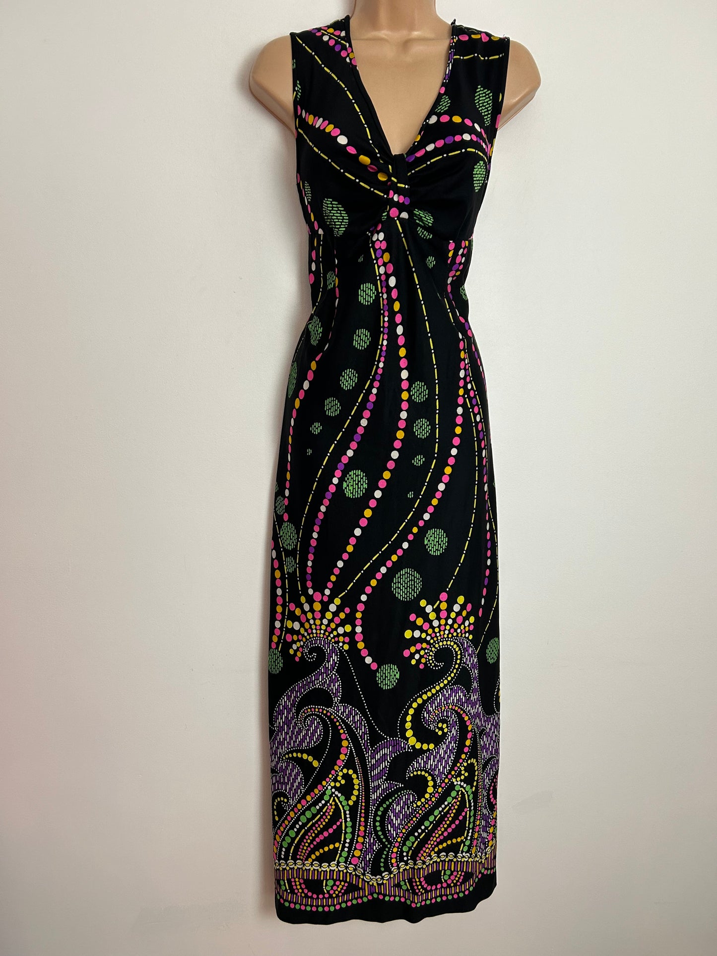 Vintage 1970s UK Size 12 Black Pink Green & Purple Abstract Print Sleeveless Maxi Dress