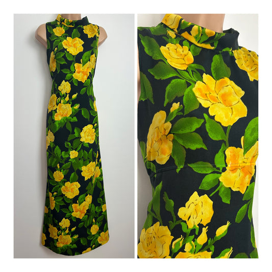 Vintage 1970s Size 14 Black Green & Yellow Bold Floral Print Sleeveless Maxi Dress