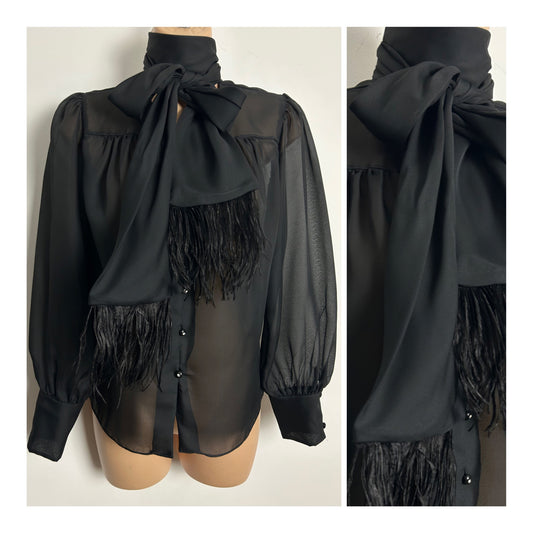 Vintage 1980s Size 12-14 Black Chiffon Semi Sheer Scarf Tie Neck Marabou Feather Trim Blouse