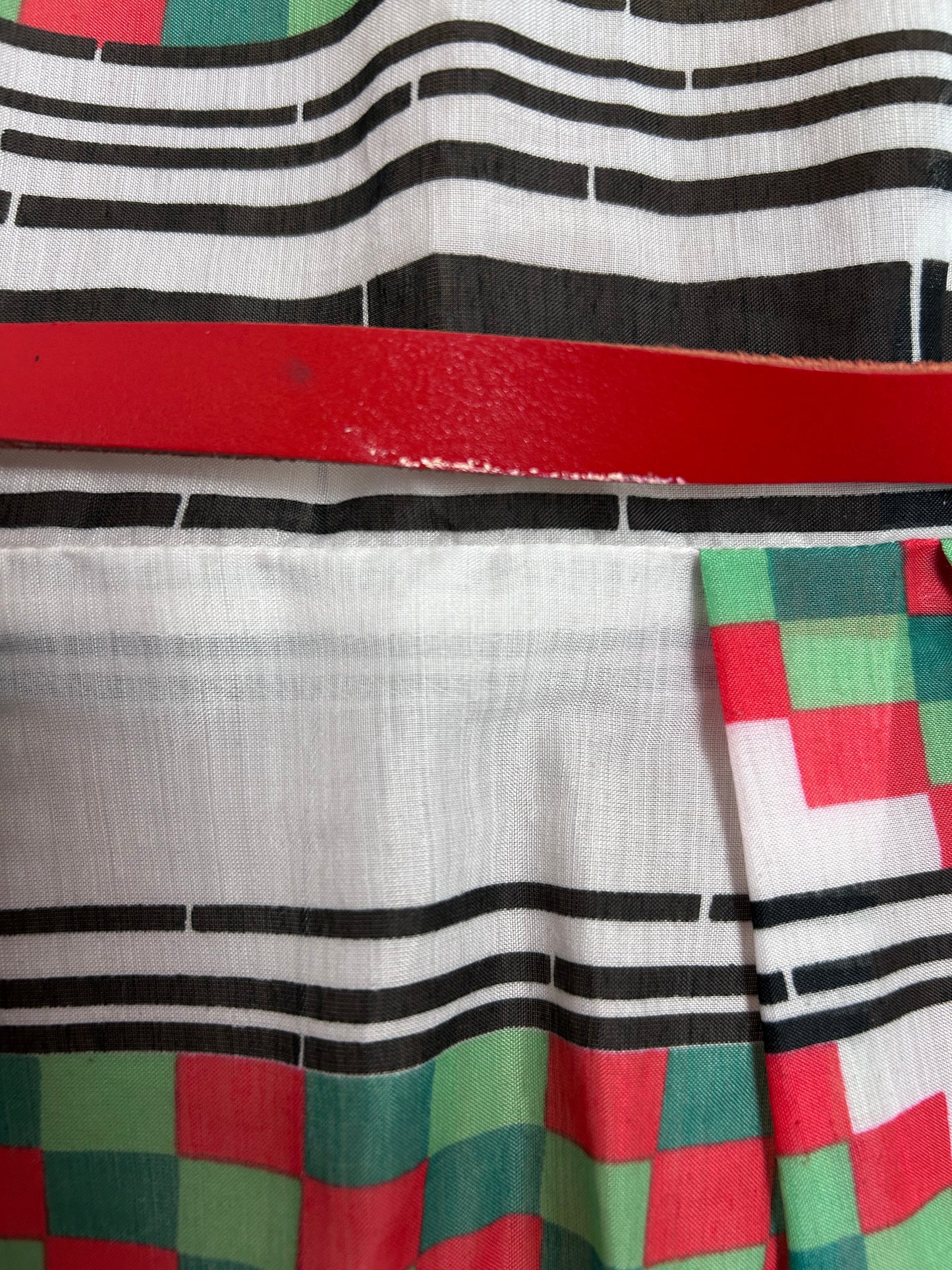 Vintage 1970s CAROLETTE MADE IN DENMARK UK Size 10 Cute Black White Red & Green Check & Stripe Print Belted Mini Mod Dress