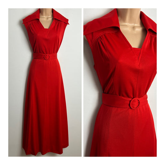 Vintage 1970s Size 12-14 Red Crimplene Sleeveless Dagger Collar Belted Maxi Dress