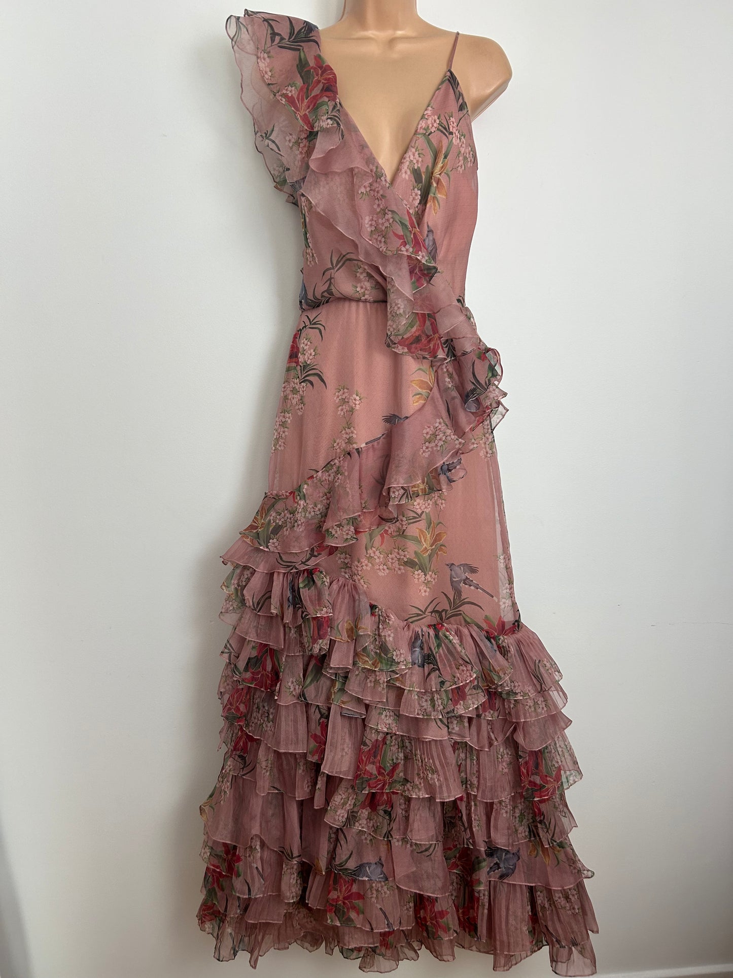 Designer JOHANNE ORTIZ Size 10 (US 6) Pale Pink Floral & Bird Print 100% Silk Ruffle Trim "The Place Of Silent Dress Occasion Maxi Dress