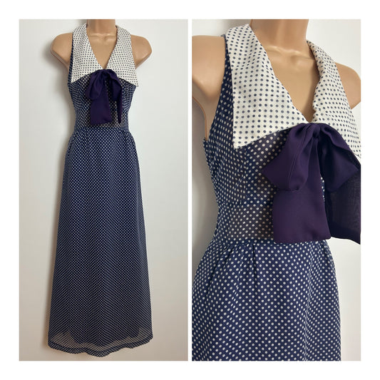 Vintage 1970s WENDY Size 6 Navy Blue & White Polka Dot Wide Collar Pussy Bow Maxi Dress