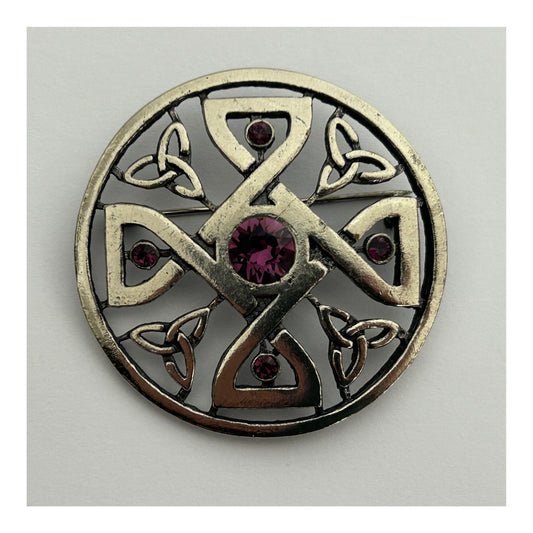 Vintage Celtic Scottish Silver Celtic Knot Stamped Purple Stone Set Round Brooch