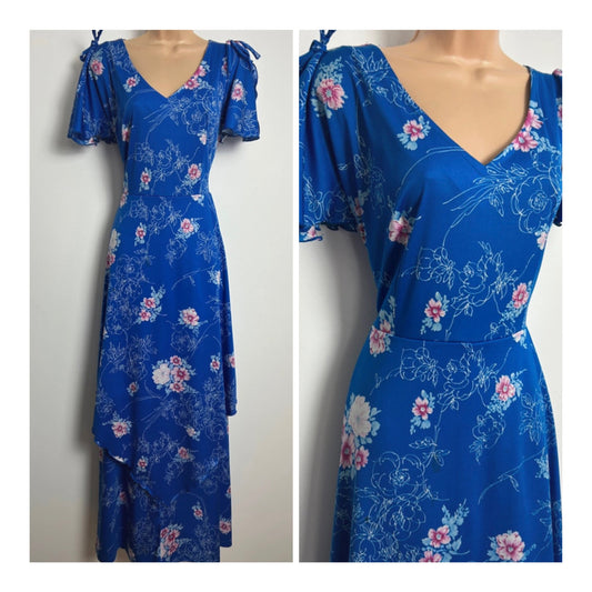 Vintage 1970s C&A Size 10 Blue & Pink Floral Print Double Layered Boho Maxi Dress