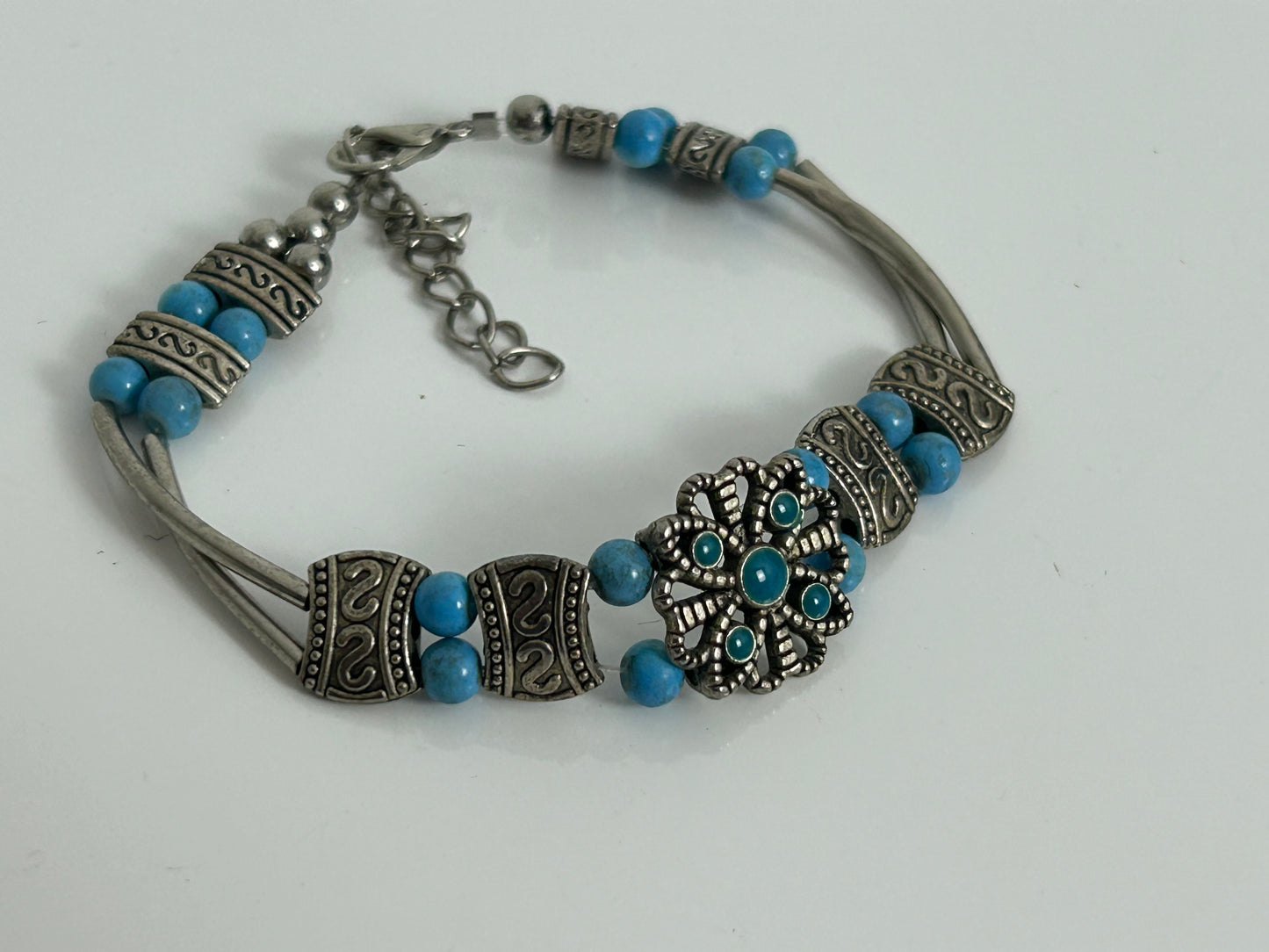 Vintage Silver Tone & Turquoise Beaded Boho Ethnic Style Bracelet