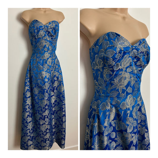 Vintage 1950s LEANNE OF LONDON UK Size 10 Beautiful Blue & Gold Floral Jacquard Strapless Occasion Evening Ballgown Dress