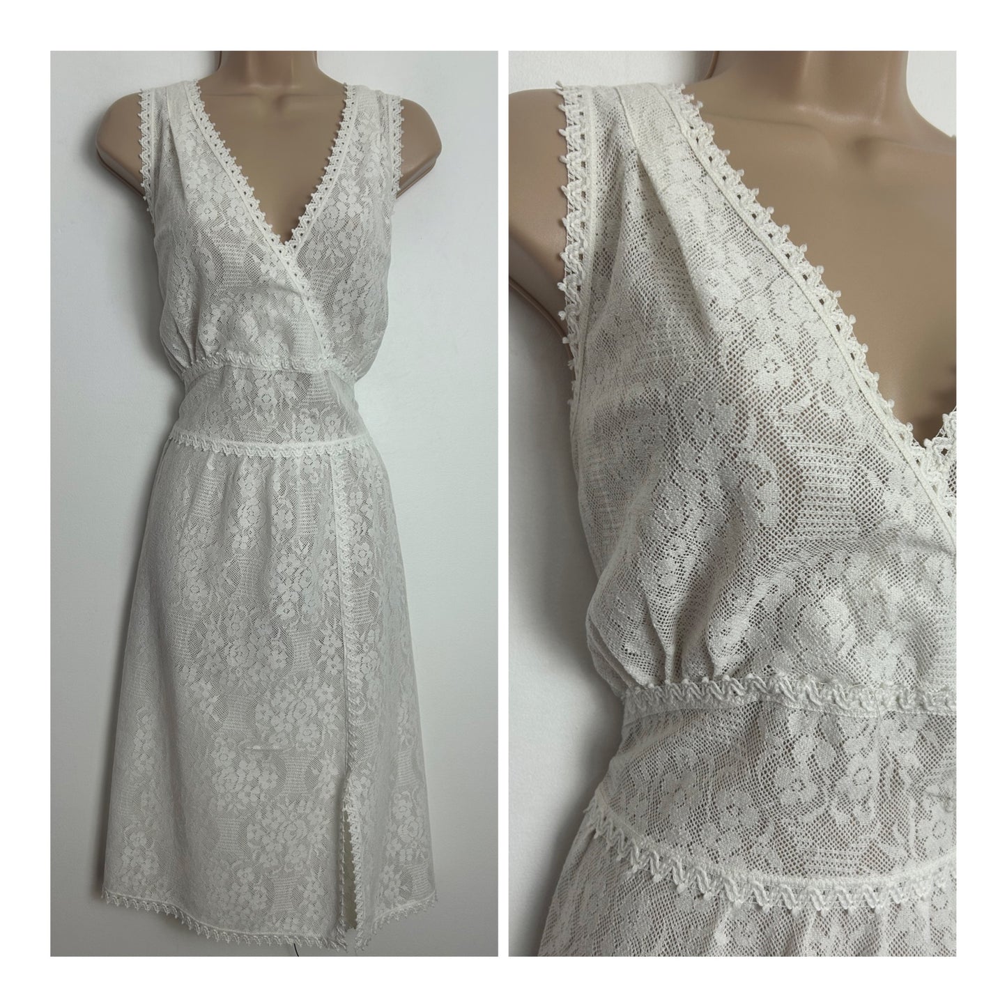 Vintage HANRO Made In Switzerland Size 12-14 White Cotton Lace Mock Wrap Style Mid Length Nightie