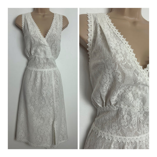 Vintage HANRO Made In Switzerland Size 12-14 White Cotton Lace Mock Wrap Style Mid Length Nightie
