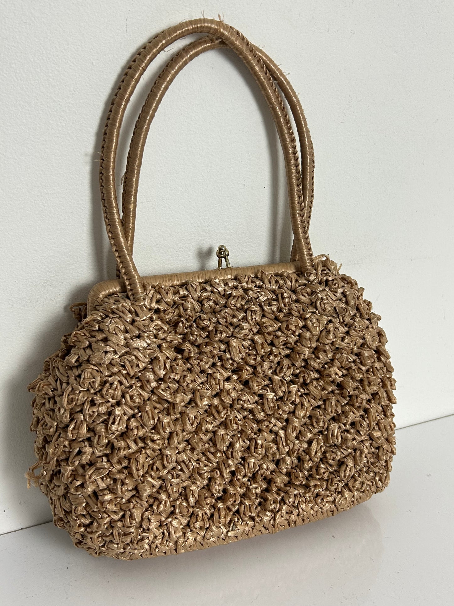 Vintage 1950s Handmade Beige Woven Raffia Style Top Handle Handbag